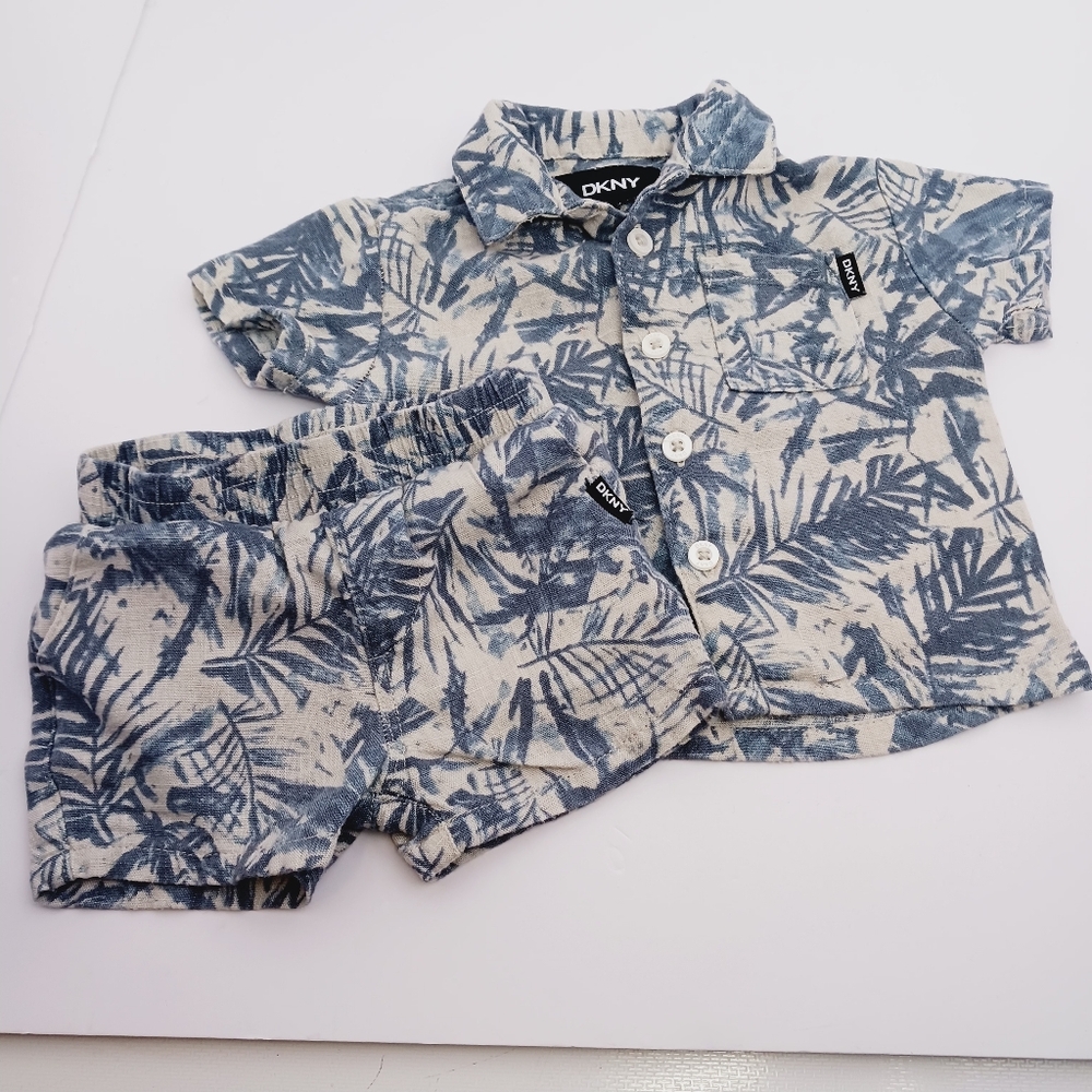DKNY Blue and White Leaf Print Shorts Set.6 Mo. Too Cute